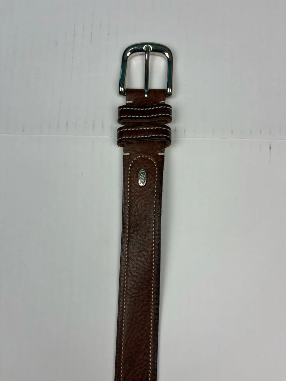 Italian Men Size 40 Belt Brown Leather Solid Brass Silver Tone Buckle Adjustable